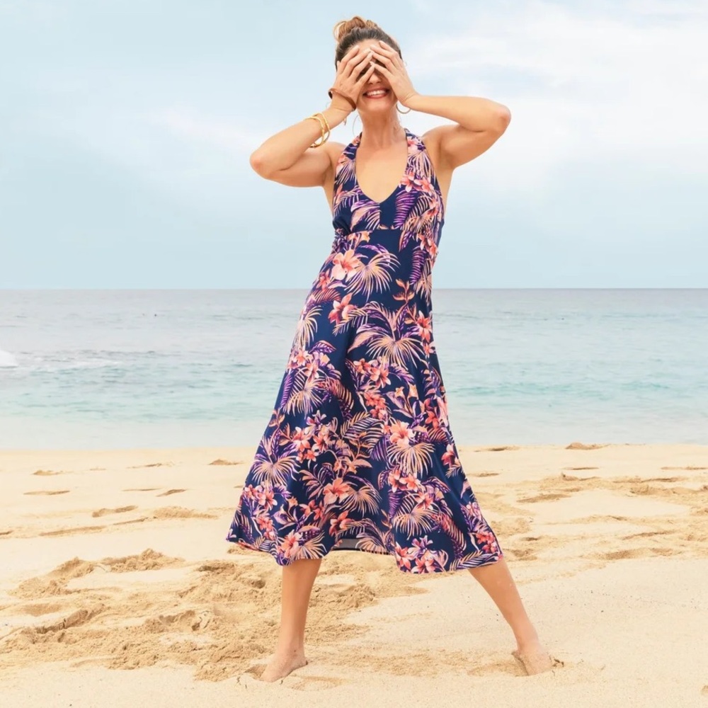 Tori Richard Floral Blue Navy Pink Halter Dress XS Resortwear Hawaii